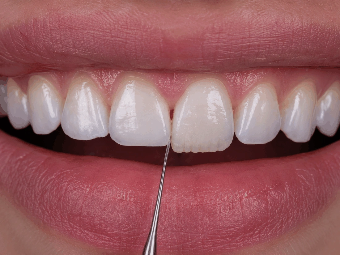 Camadas de resina sendo construídas sobre o dente, close macro com luz controlada