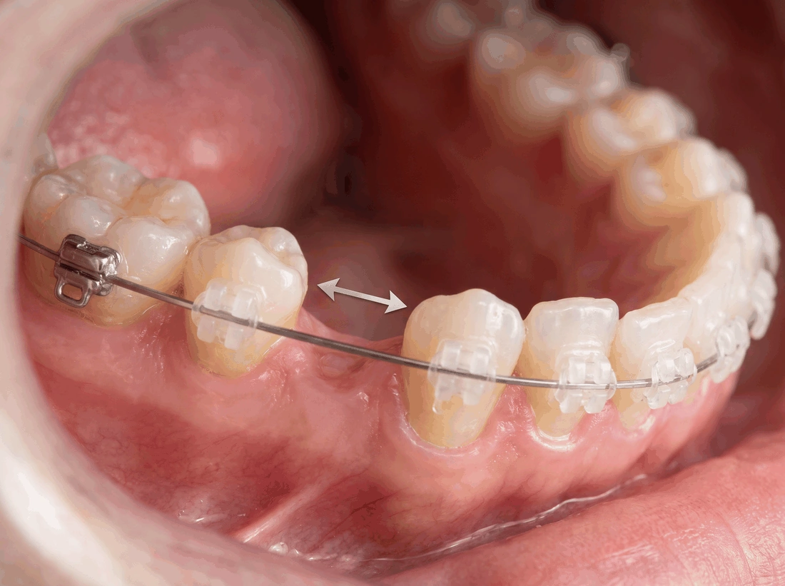 Aparelho ortodôntico organizando o espaço entre os dentes antes do implante